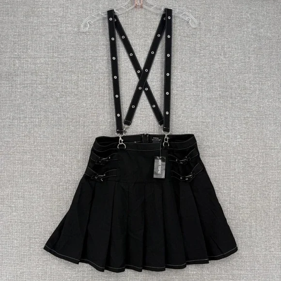 Social Collision Suspender Skirt Women L Black Pleated Grommet Goth Emo - Picture 4 of 10